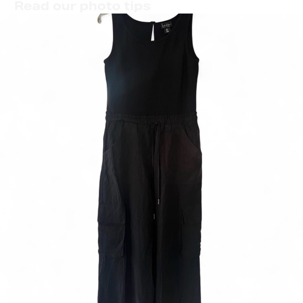 Nicole Miller Classic Black Cargo Mixed Media Jumpsuit (RT)